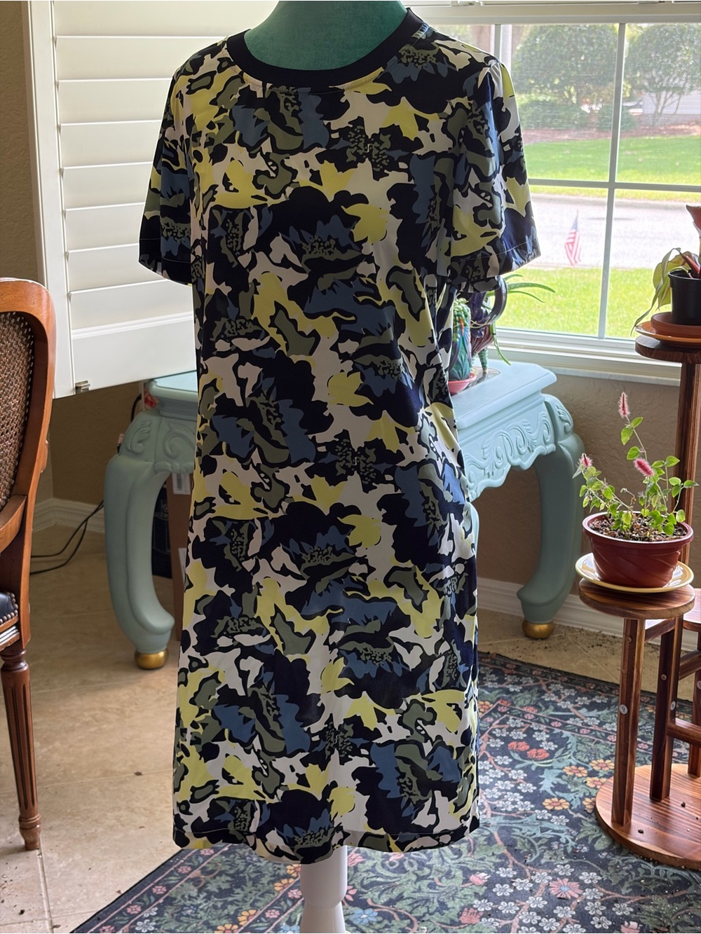 Armani Exchange Navy, Light Blue & Yellow Abstract Print Mini Dress